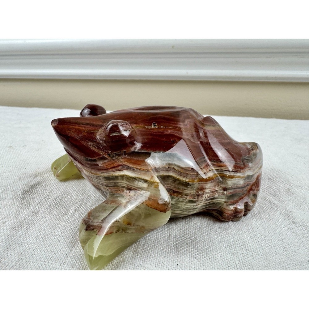 Vintage Hand Carved Banded Onyx Stone Frog Figurine Paperweight 5" Office Decor